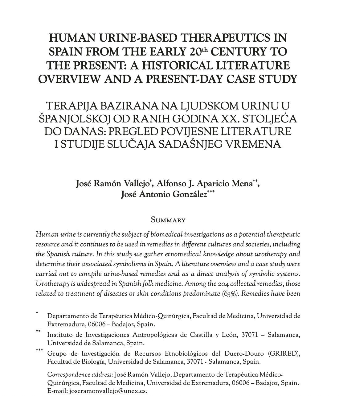 HUMAN URINE-BASED THERAPEUTICS IN SPAIN FROM THE EARLY 20th CENTURY TO THE PRESENT: A HISTORICAL LITERATURE OVERVIEW AND A PRESENT-DAY CASE STUDY